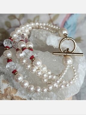 4 Strand Faux Pearl Acrylic Clear Bracelet Gold Tone Spacers Seed Beads Toggle